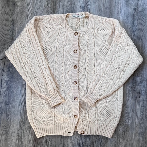 Blarney Woolen Mills Pure New Wool Knit Cream Sweater Cardigan, Size Medium - Picture 1 of 11